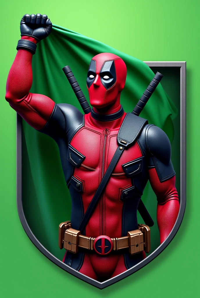 Design a logo that features an ultra-realistic depiction of a Deadpool-like character, holding hands in triumph with a green flag in his hands. The character must be integrated into a shield-shaped emblem with a green background. The design should be detailed and realistic, capturing the character's iconic costume and his playful yet triumphant expression.