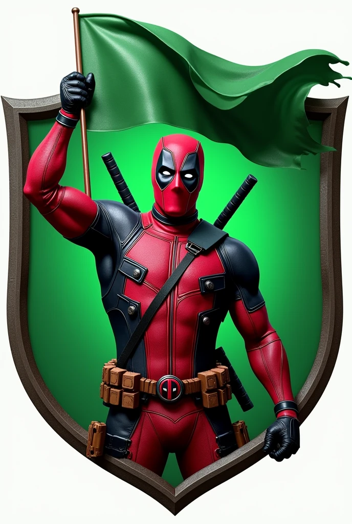 Design a logo that features an ultra-realistic depiction of a Deadpool-like character, holding hands in triumph with a green flag in his hands. The character must be integrated into a shield-shaped emblem with a green background. The design should be detailed and realistic, capturing the character's iconic costume and his playful yet triumphant expression.