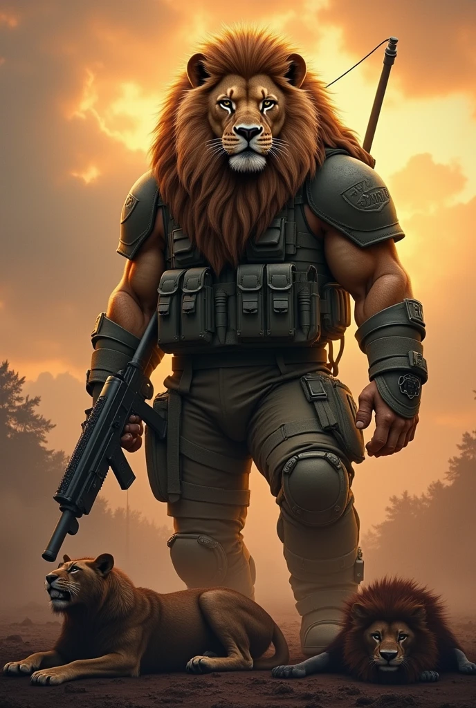 a military lion with a beautiful serious look is standing proudly with a weapon, a grenade, a body armor, a helmet, there are wounded animals next to him during the war, it is sunset
