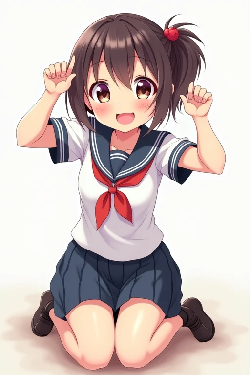 Beautiful anime girl sticks out her tongue eyes look up hands bent and holds in the air stands on her knees in a school uniform