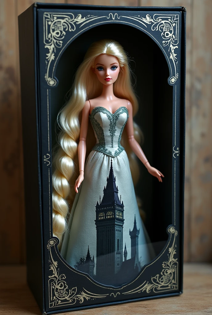Personalized Barbie doll with Rapunzel motif, in the style of a dark fantasy from the 80s. The doll must be blonde with a braid that falls to her feet.. The doll will be inside a black box made of cardboard.. At the bottom of the box and behind the doll, A gothic image of the enchanted tower in which she remained locked must be illustrated. The box should be in a romantic gothic style and should have a clear acetate lid on the front so the doll can be displayed.
