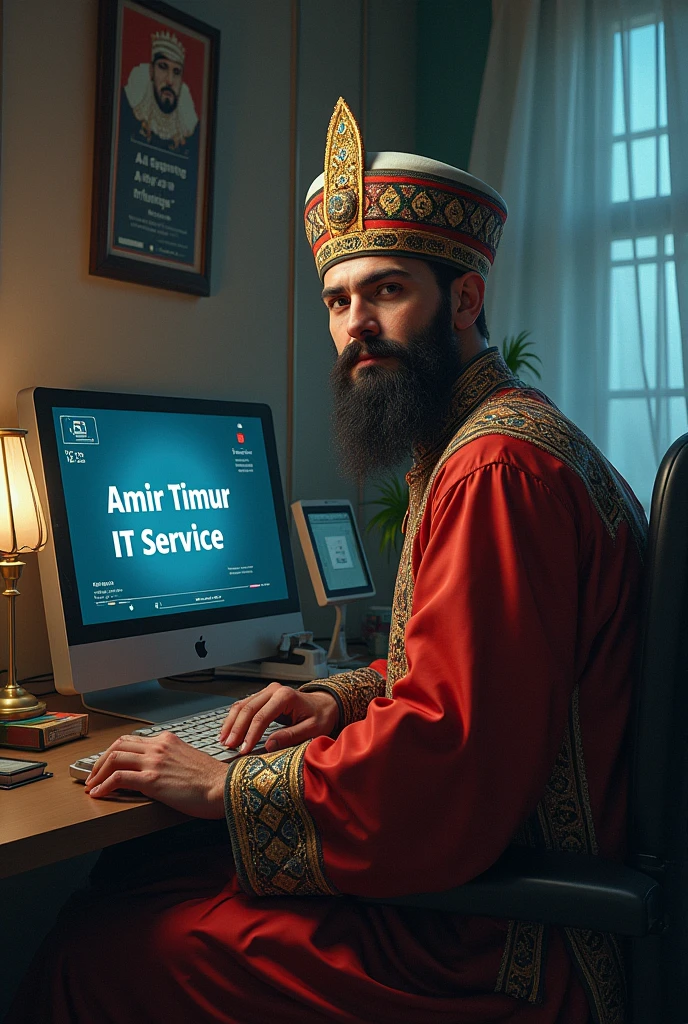 Amir Temur in front of the computer and on the computer Chust IT Service text Amir Temur hat an Uzbek national hat in one hand