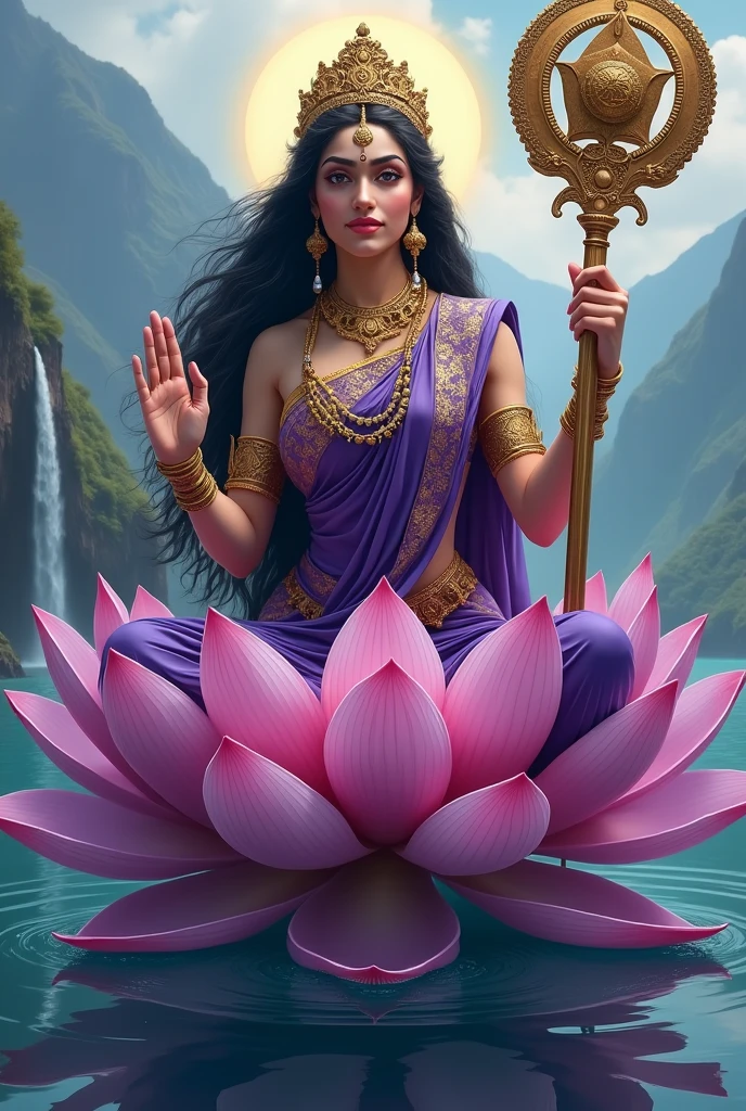 "Create an ultra-realistic image of the beautiful Goddess Siddhidatri Devi, depicted in a stunning purple saree and blouse that symbolizes her divine powers and spiritual wisdom. The saree should be richly detailed with intricate gold patterns, highlighting her celestial status. Her long, flowing black hair should be beautifully styled, cascading gracefully over her shoulders, adding to her divine beauty. Her complexion should radiate a soft, ethereal glow, with a serene and compassionate expression on her face, embodying both grace and strength.
Goddess Siddhidatri should be seated on an extremely large and majestic lotus that is intricately designed, floating gracefully on a vast, serene ocean. The lotus should be depicted with vibrant, detailed petals that enhance its divine nature.
She should have two hands: her right hand is in a blessing posture, offering protection and boons to her devotees, while her left hand holds a giant, beautifully detailed (mace), symbolizing her power and ability to grant siddhis (spiritual powers).
The background should feature a breathtaking landscape with a cascading waterfall, majestic mountains, and the vast ocean, creating a serene and awe-inspiring atmosphere. The overall image should capture the essence of Goddess Siddhidatri’s beauty, power, and divine grace, presented in a highly realistic and detailed manner, with her purple saree, majestic lotus, and the powerful natural surroundings emphasizing her supreme authority and benevolence."