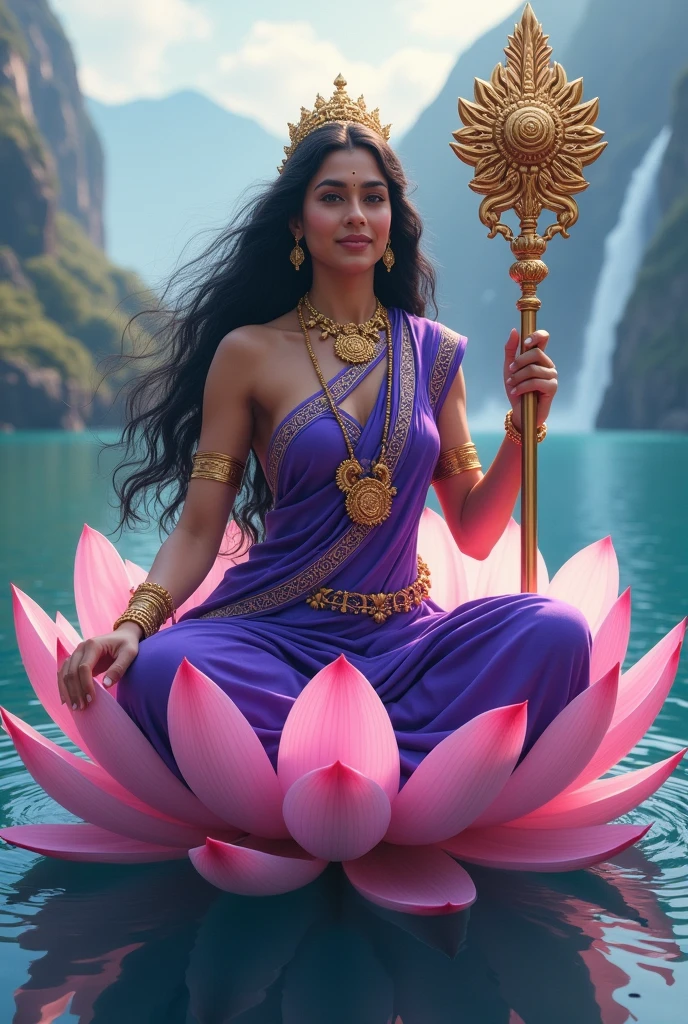 "Create an ultra-realistic image of the beautiful Goddess Siddhidatri Devi, depicted in a stunning purple saree and blouse that symbolizes her divine powers and spiritual wisdom. The saree should be richly detailed with intricate gold patterns, highlighting her celestial status. Her long, flowing black hair should be beautifully styled, cascading gracefully over her shoulders, adding to her divine beauty. Her complexion should radiate a soft, ethereal glow, with a serene and compassionate expression on her face, embodying both grace and strength.
Goddess Siddhidatri should be seated on an extremely large and majestic lotus that is intricately designed, floating gracefully on a vast, serene ocean. The lotus should be depicted with vibrant, detailed petals that enhance its divine nature.
She should have two hands: her right hand is in a blessing posture, offering protection and boons to her devotees, while her left hand holds a giant, beautifully detailed (mace), symbolizing her power and ability to grant siddhis (spiritual powers).
The background should feature a breathtaking landscape with a cascading waterfall, majestic mountains, and the vast ocean, creating a serene and awe-inspiring atmosphere. The overall image should capture the essence of Goddess Siddhidatri’s beauty, power, and divine grace, presented in a highly realistic and detailed manner, with her purple saree, majestic lotus, and the powerful natural surroundings emphasizing her supreme authority and benevolence."