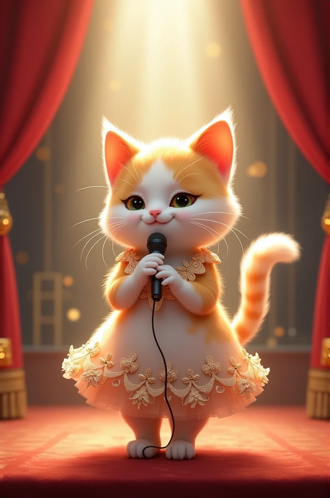 the beautiful small white yellow color faty healthy cat wearing beautiful dress in the maike in his hand standing in the beautiful stage singing the song.