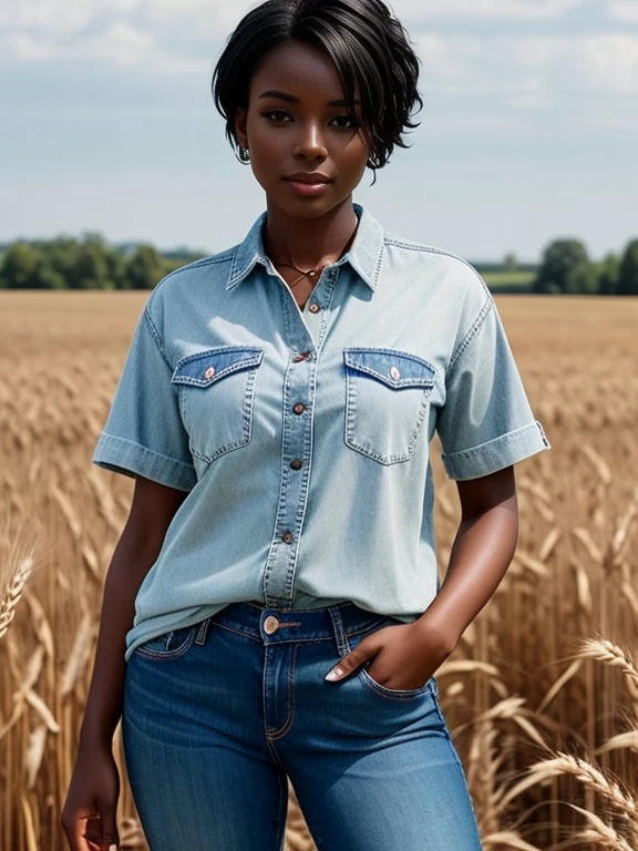 ebony beauty with short straight black hair. Penetrating brown eyes should be the focal point. She is wearing a red flannel shirt and denim jeans, In the background, a wheat field is shown, a heavenly and luxurious place, 8k, perfect photo, dark skin, chocolate skin, beautiful green eyes. impeccable image of high quality and creativity, RAW colors, balanced lights