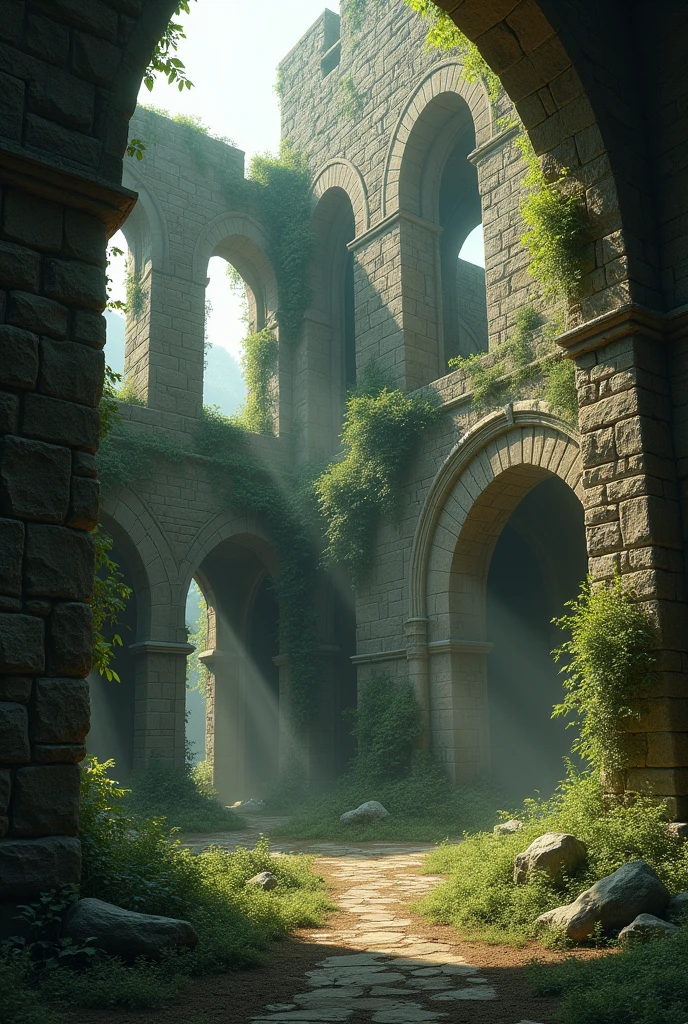 • Old Castle Ruins:
• An atmospheric, ancient castle ruin with crumbling walls and overgrown vegetation. Dusty sunlight filters through broken windows.