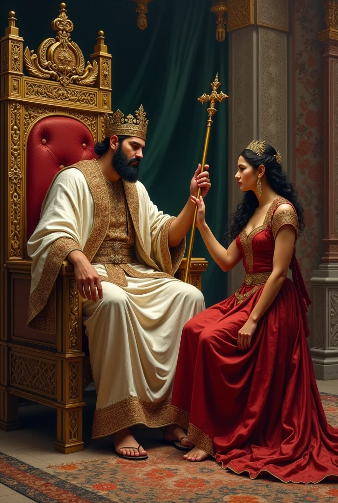 King of Persia sitting on his throne extending his Scepter to the queen with red dress dark hair she is touching the tip of the center of the king in the background walls with tapestry