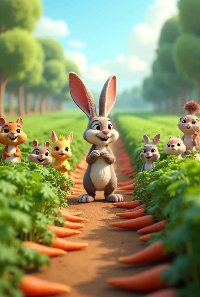 In 3d cinematic interesting cartoon style “ A vibrant field filled with green, healthy carrot plants. The rabbit stands proudly in the middle, with other animals admiring the transformed field”