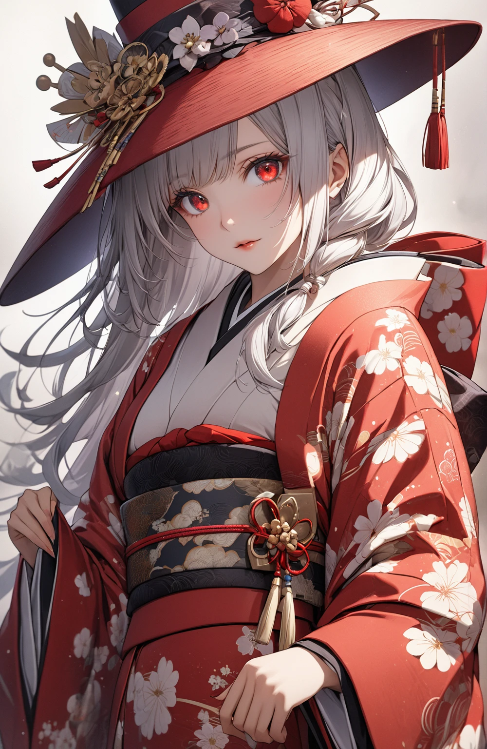 Ultra high resolution, rich colors, perfect image, top quality, detailed image, beautiful woman, glowing skin, skin and clothing texture, delicate eyes, Taisho period style, kimono, Japanese clothing, hat, kiseru, long silver hair, red eyes