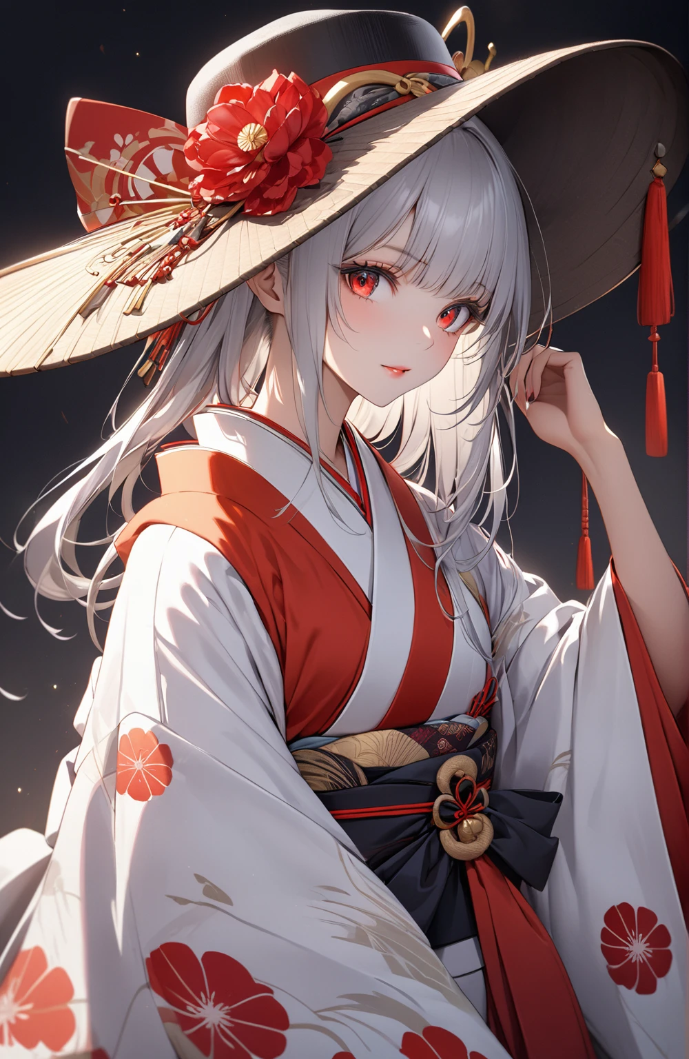 Ultra high resolution, rich colors, perfect image, top quality, detailed image, beautiful woman, glowing skin, skin and clothing texture, delicate eyes, Taisho period style, kimono, Japanese clothing, hat, kiseru, long silver hair, red eyes