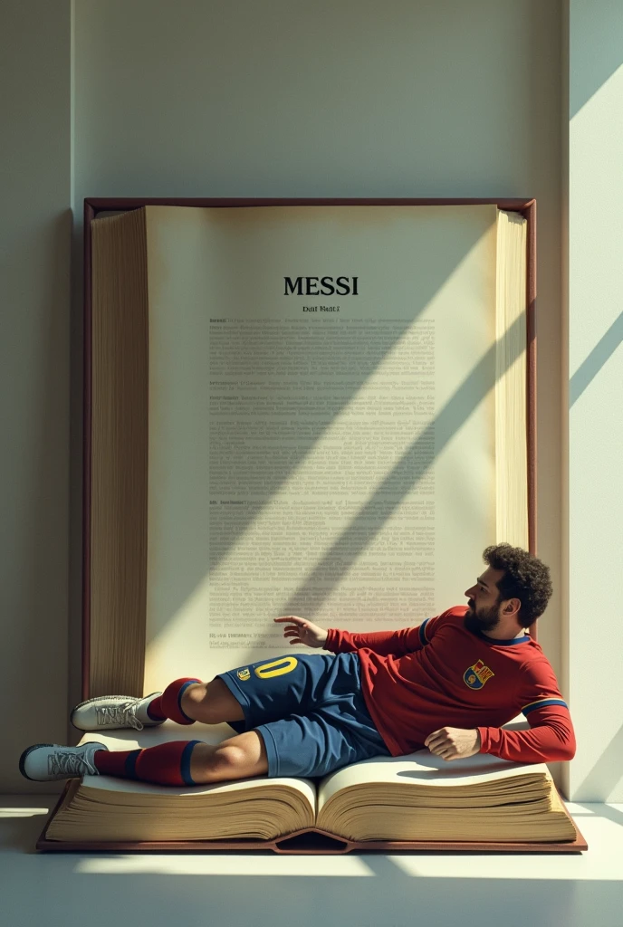 messi is lying down a huge huge big book