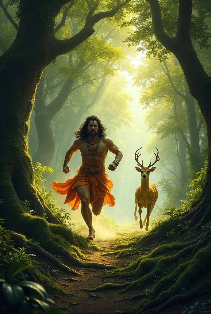 Rama Chasing the Golden Deer:**
   - Visualize Rama as he chases the golden deer through the dense forest. Show the agility of the deer and the determination on Rama's face as he tries to capture it.