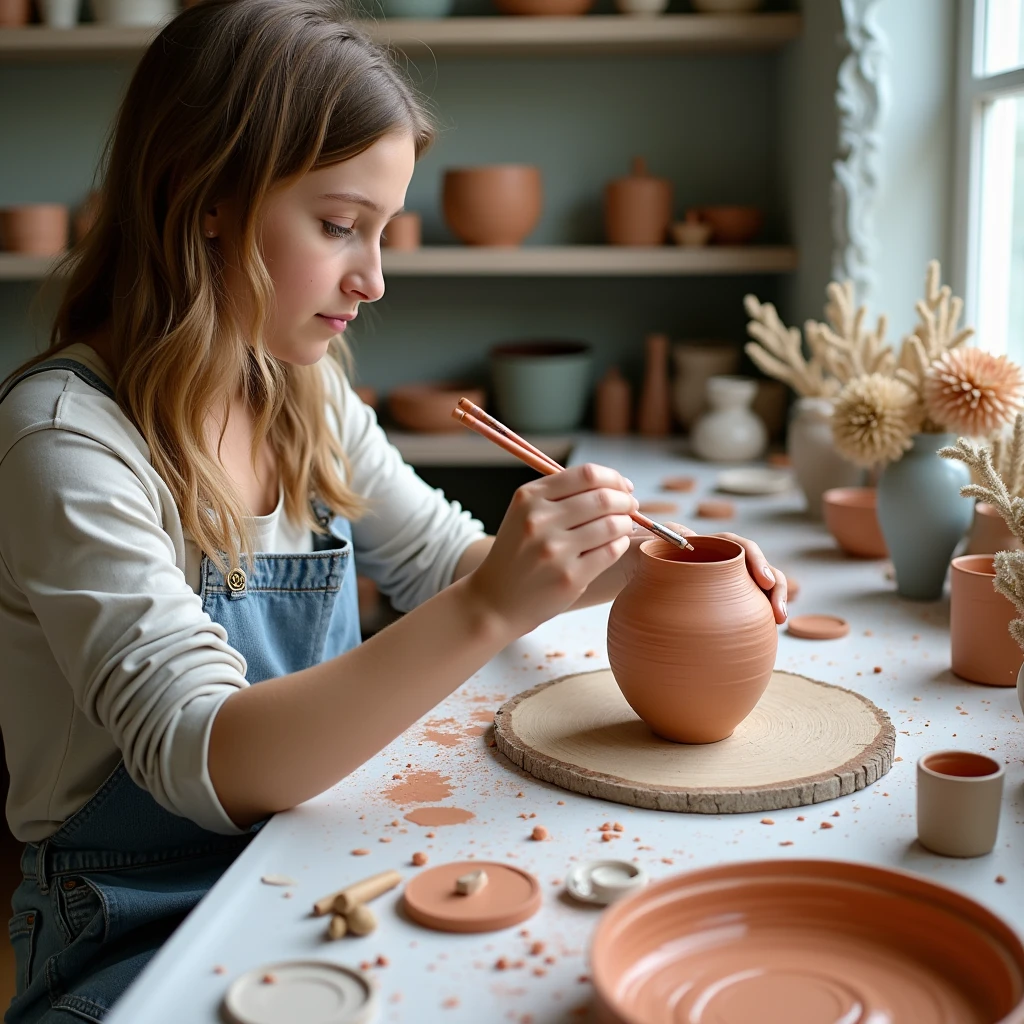 She paints on pottery.