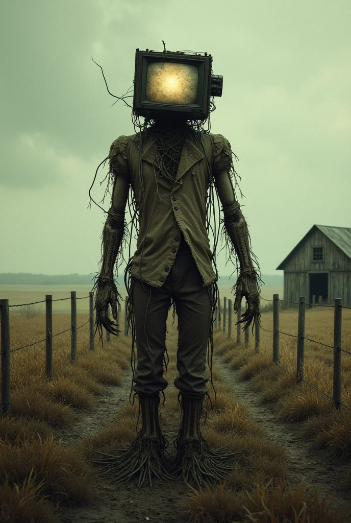 Give me a poster of scarecrow that have tv or moktor imom chimmy thatin the farm