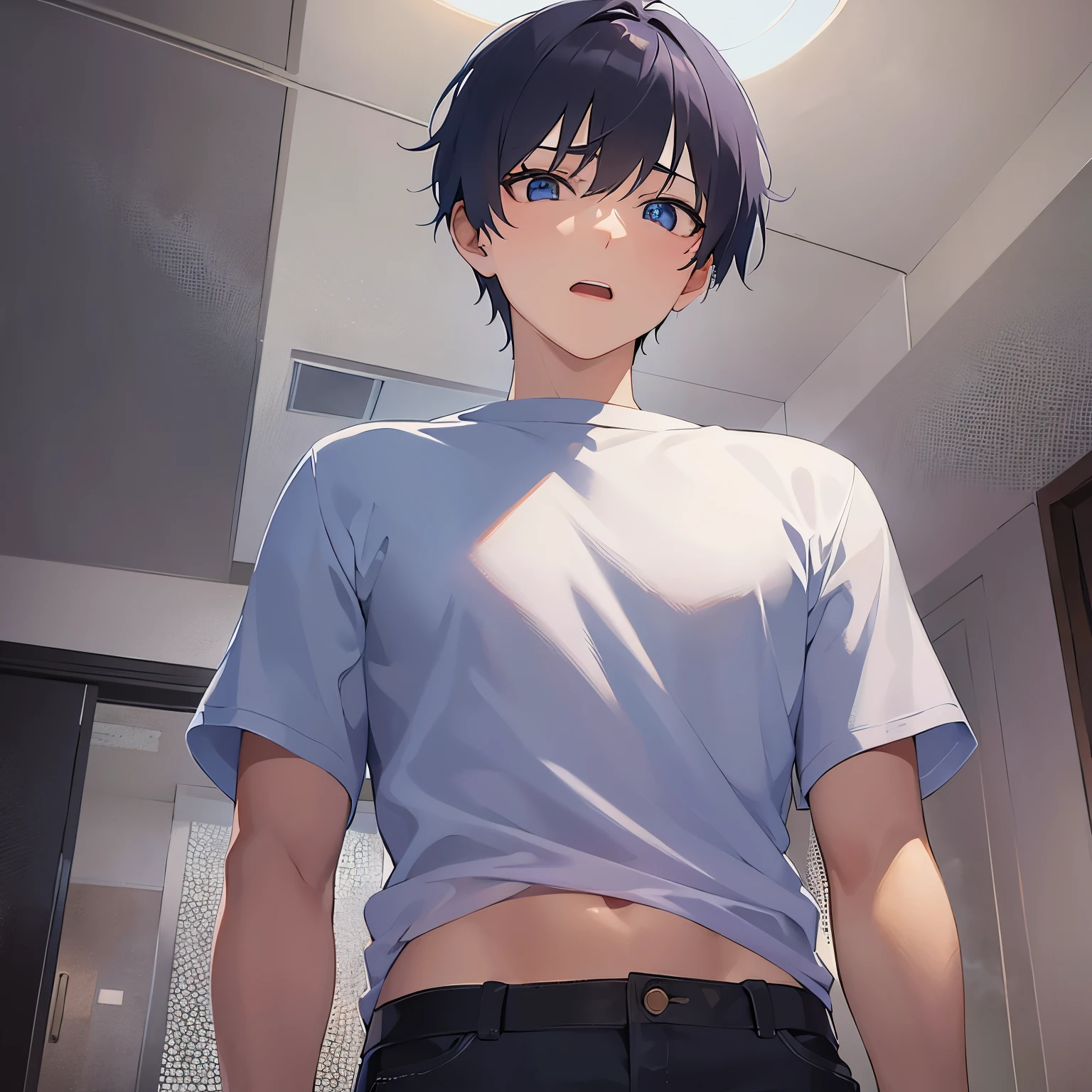 Shooting from below、upper body、shiny skin, masterpiece、Highest quality、(2 male:1.5) and (Black short hair) and (blue eyes), (White T-shirt)、Are standing、(surprised:1.3)、The background is the living room、alone、Are standing