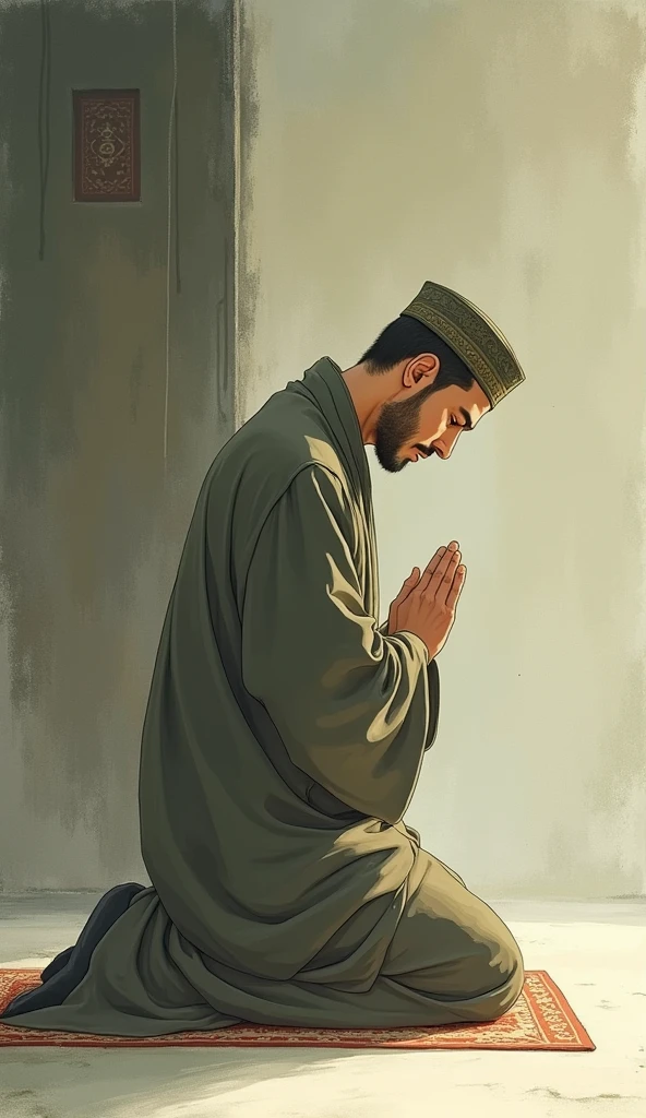 In the style of Studio Ghibli anime, a Muslim man is depicted performing ruku' during prayer. soft lighting that accentuates the reverence of the moment. The scene uses hand-painted textures and gentle color palettes typical of Ghibli’s atmospheric style.