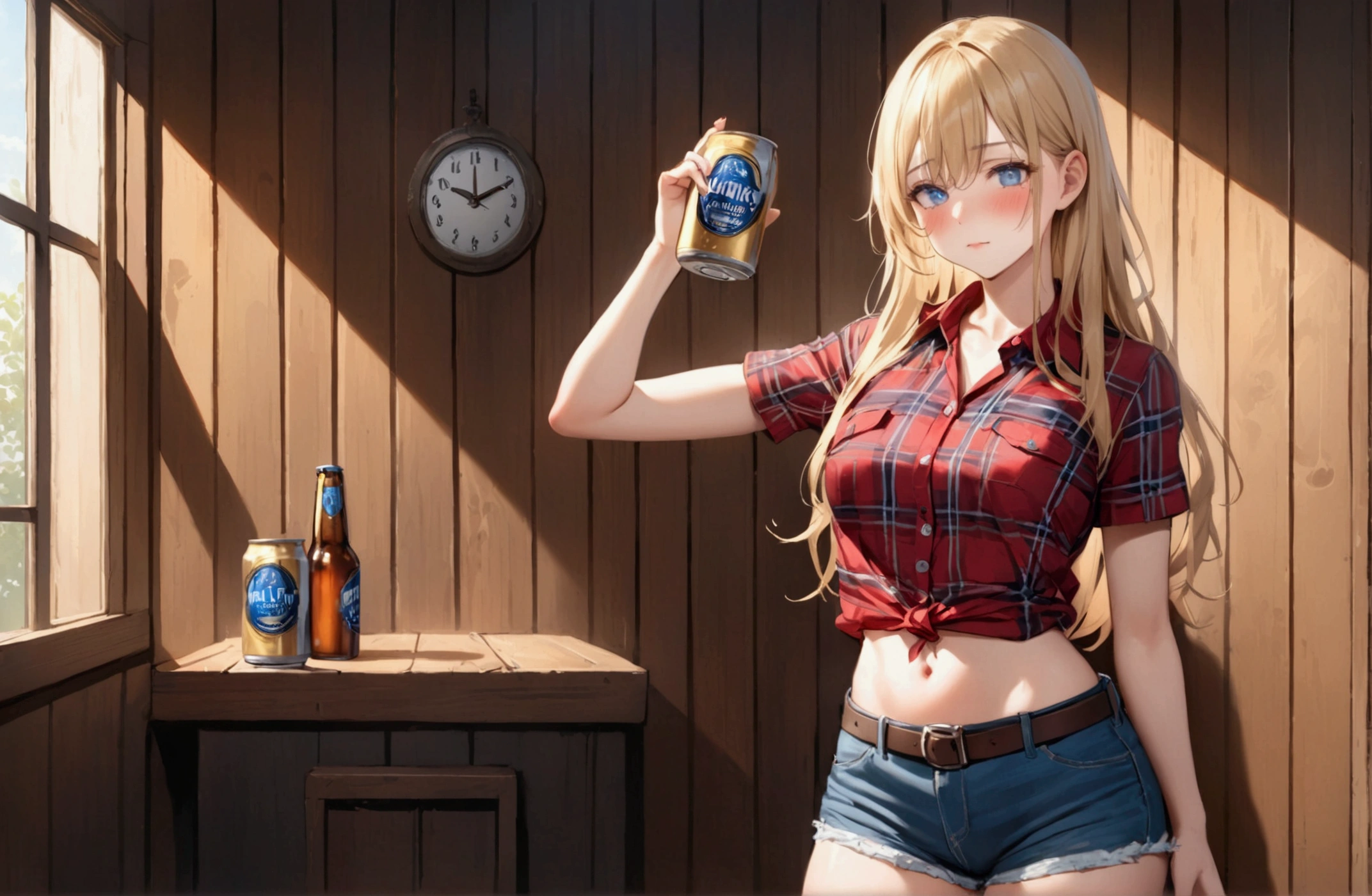 Woman with long blonde hair, blue eyes, Athletic build, Red plaid tight short sleeve collared cowgirl shirt, clock, Navel exposed, Denim hot pants, Brown belt with oval buckle, Please stand,Blushed face, Drunk,Embarrassing,In front of a wooden wall,can of beer,Front view,Cowboy Shot,16K, Highest quality, masterpiece, Realistic, detailed