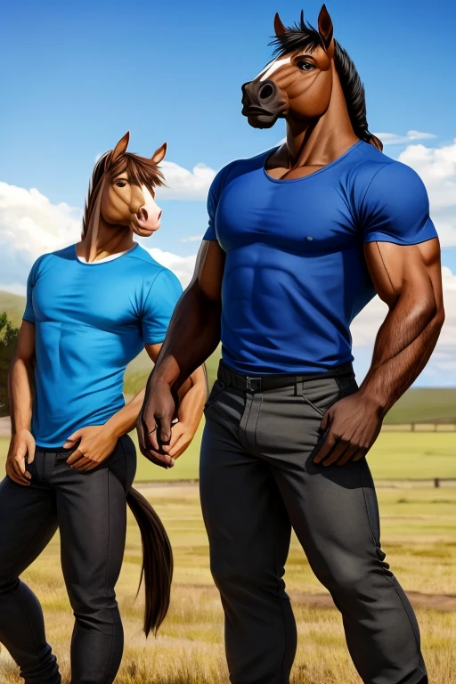 Muscular, brown horse, with blue t-shirt, and with balck pants,,and in the ranch, by day.