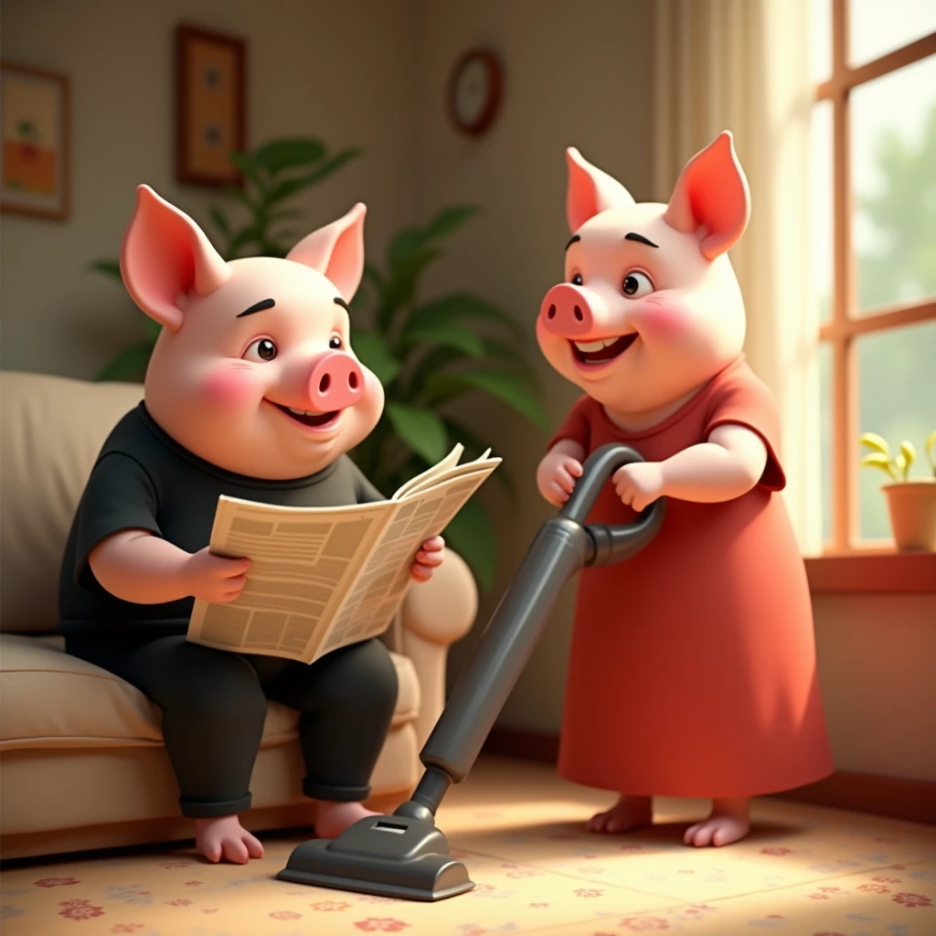 pixar style, 3d, 2 pigs, 1 cute father pig is on the left wearing black shirt and black pants is sitting on the couch reading newspaper and on the right is 1 cute mother pig wearing long red dress is using the vacuum cleaner to clean the carpet, both are smiling and looking to the right, game button art, Game illustration, lovely digital painting, artstation for kids art, Official artwork, key art, mobile game art, cover game art, zootopia concept art, (soft lighting:1.3), (green and earthy color scheme:1.3), (highly detailed), (ultra quality:1.3), (masterpiece), (digital art), 8K resolution, HDR, depth of field, (soft shadows), (photorealistic:1.3), (animation:1.2), (by Greg Rutkowski:0.9), (in the style of Alphonse Mucha), trending on ArtStation, award-winning art, 3d style