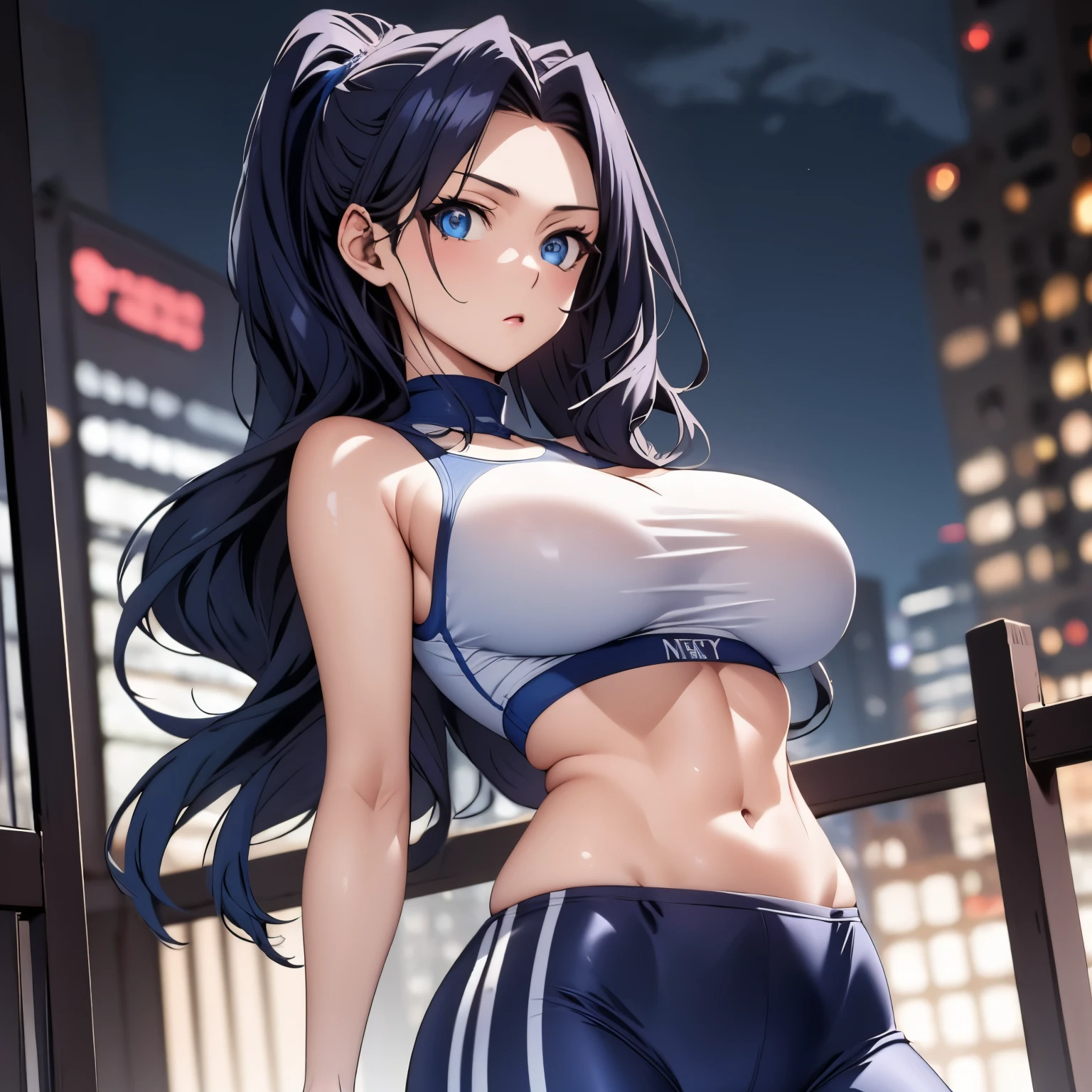 Melty Q Melromarc. detailed blue eyes, beautiful light skinned woman, straight wavy hair BLUE, bright blue eyes big breasts fitness clothing, low-cut, New York at night background.