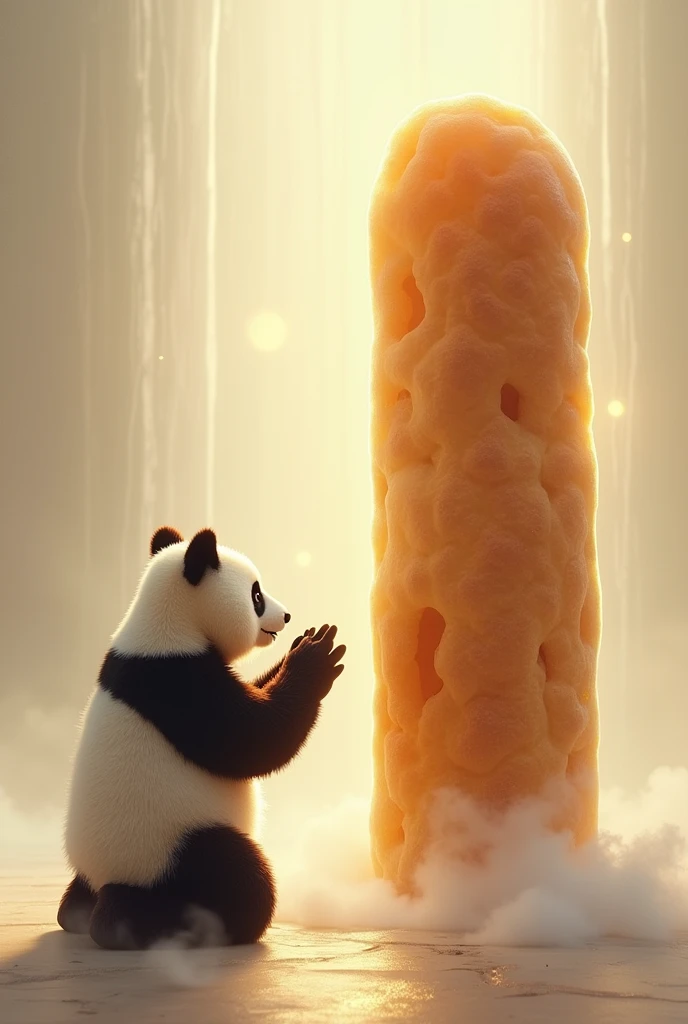 Panda kneeling worshipping, honoring, praising a salt bread standing salt bread called Pandesal smaller bread