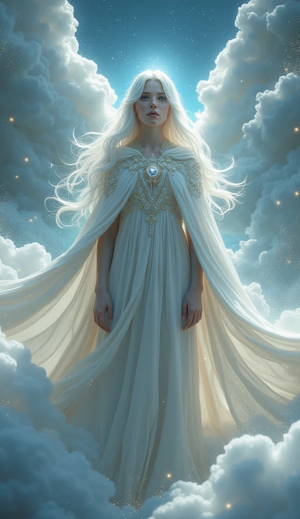 Looks like a cloud, With long white hair and a star cape