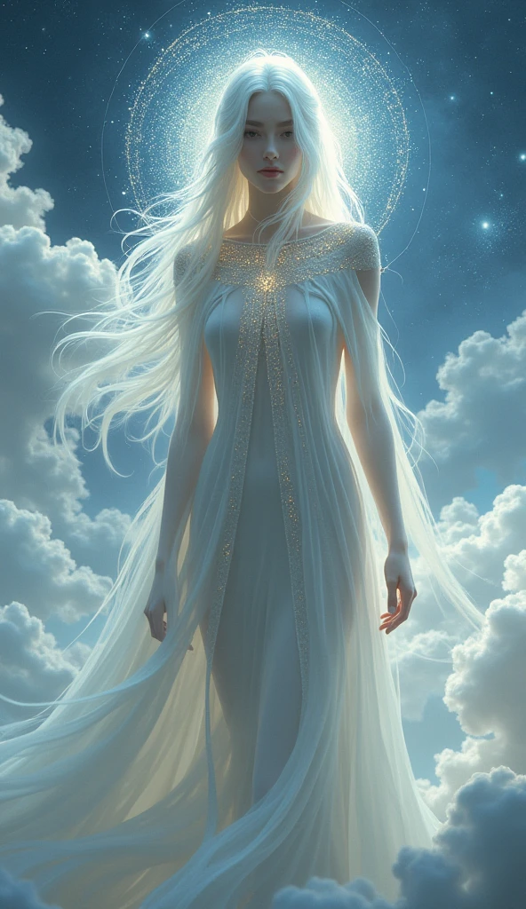 Looks like a cloud, With long white hair and a star cape