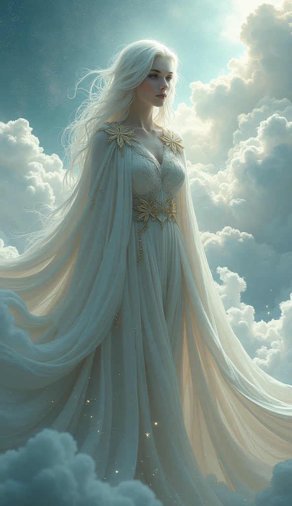 Looks like a cloud, With long white hair and a star cape