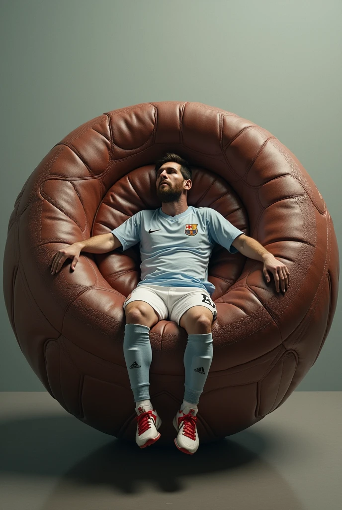 Messi is lying in a huge big football