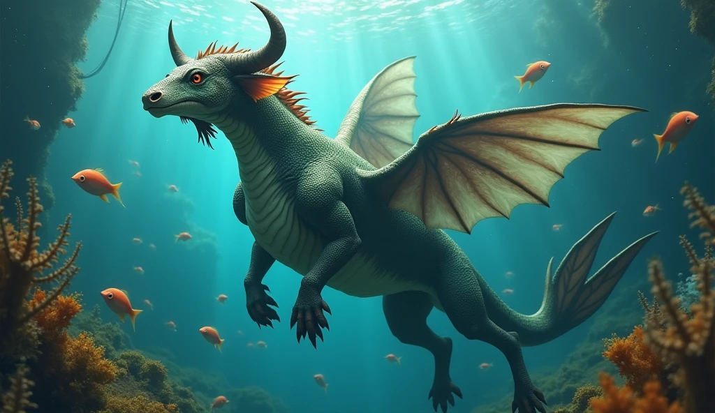There is a kind of fish in the water with a bull head and a snake tail，Wings growing from the ribs（best quality，4K，8k，High level，masterpiece：1.2），Ultra Detailed，（lifelike，Photo real，Photo real：1.37）