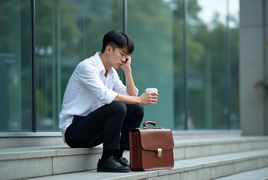 High Resolution, Masterpiece, Accurate, Detail, High Quality, Realistic photo. A 30 year old asian husband, short hair, white skin, height: 160 cm, weight: 55 kg. The image shows a young man sitting on the steps of a modern building. He is wearing a white shirt, black trousers and black shoes. He has a brown briefcase next to him and is holding a coffee cup in his hand. His head is resting on his hand and he appears to be deep in thought. The background shows a glass building with a modern design. The overall mood of the image is somber and contemplative.