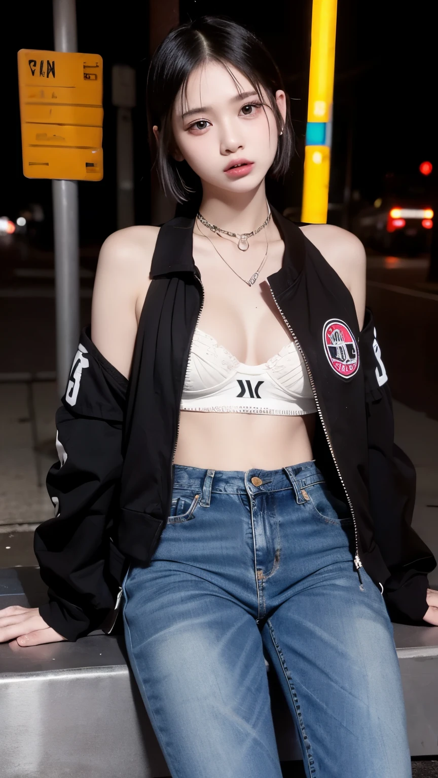 A hot punk girl with many piercings and punk hair stands at a bus stop at night. She exudes a rebellious vibe with colorful, edgy attire featuring a ah pierced through her ear and nose. Her punk jacket is open, revealing a bold book top and a glimpse of a white bra underneath. Completing her daring look, she wears micro jeans and high heels, creating a striking and confident presence in the dimly lit urban setting.