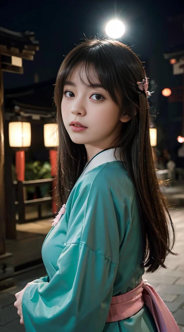 (((masterpiece: 1.5, best quality, high resolution: 1.3, Super Resolution, Super Detail, Super Detail: 1.3, Rich background: 1.2))), 1 girl, Solitary, Green Eyes, Pink long hair,Tied with a blue ribbon, Bangs, Cute hairpin, Uniforms, White Seraphon, Red sailor collar, Short sleeve, Blue pleated skirt, (outdoor), ((city center), (crowd), ((Japanese atmosphere: 1.3)), landscape, ((night)), dark, (Low light: 1.1), moon, (moonlight: 1.2), ((Dynamic Light: 1.4)), ((Head close-up))))))