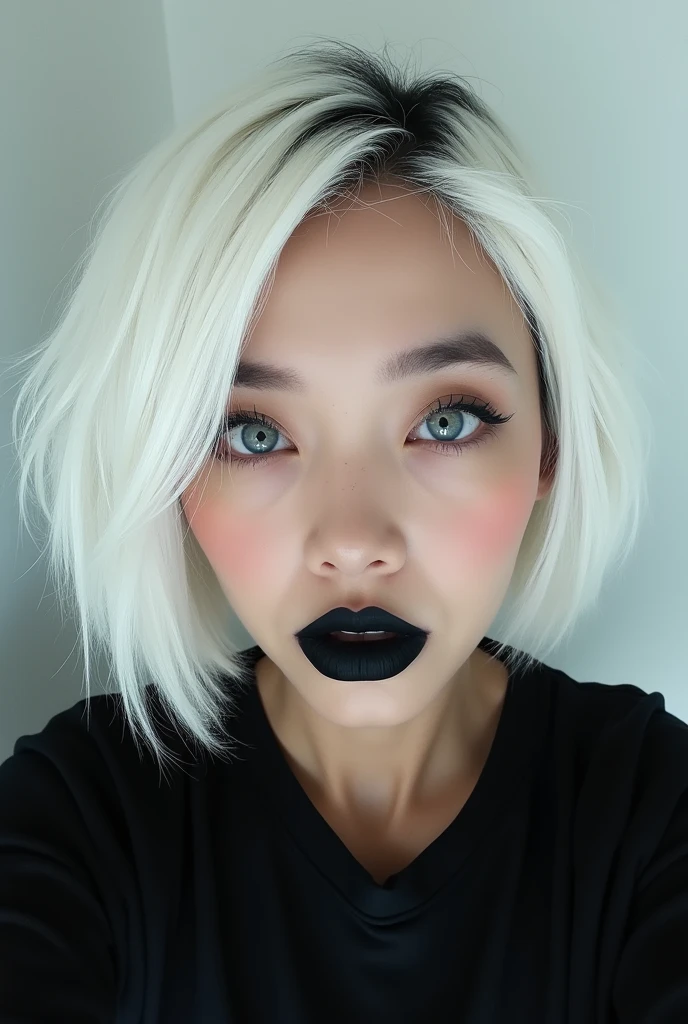 White hair girl (black color) short with her lips covered in black (portrait) (selfie) (masterpiece) (high quality)