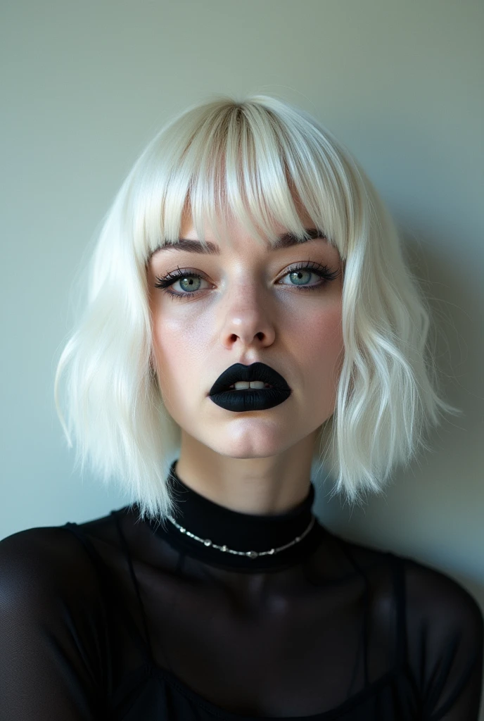 White hair girl (black color) short with her lips covered in black (portrait) (selfie) (masterpiece) (high quality)