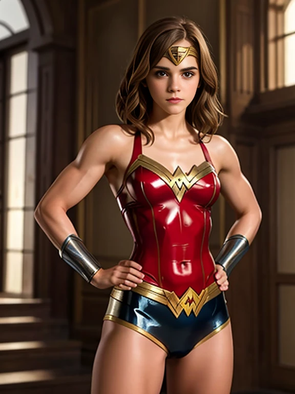 Emma Watson, toned body, latex Wonder Woman costume, muscular yet feminine arms and thighs, hands on hips, six pack abs