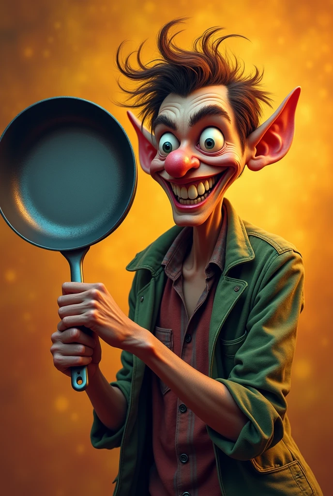 A skinny man gripping a frying pan like a firearm, dynamic pose, humorous expression, vibrant colors, realistic ,exaggerated features --s 100 --ar 1:1 --no text