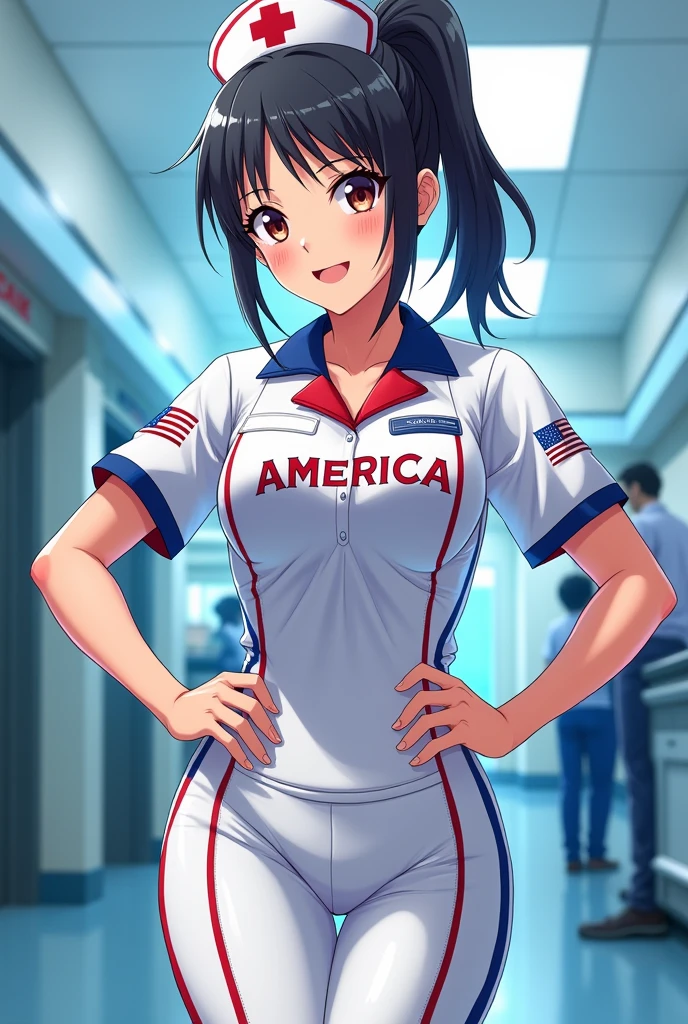 An anime nurse who has the name AMERICA on her uniform