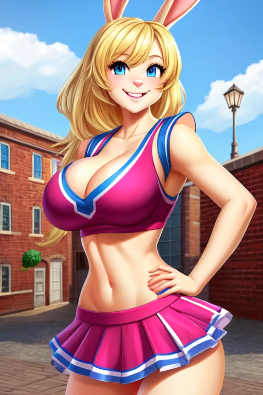 Rabbit girl High school cheerleader, solo, female, blonde hair, blue eyes, smiling, big breasts, cleavage, midriff, slim, small waist, small hips, european city, brick road, hands on hips, look at viewer, happy, looking at viewer, high quality, three-quarter view