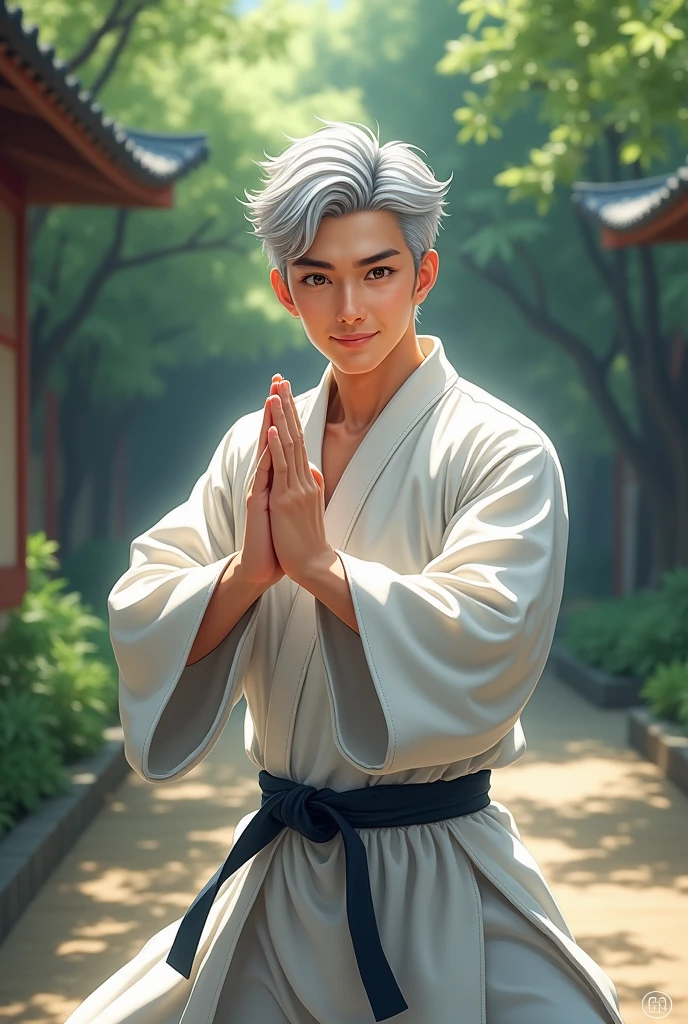 Silver haired man, anime man, white haired man, martial training, Looking at viewer, High Resolution, Smile, Short Hair,