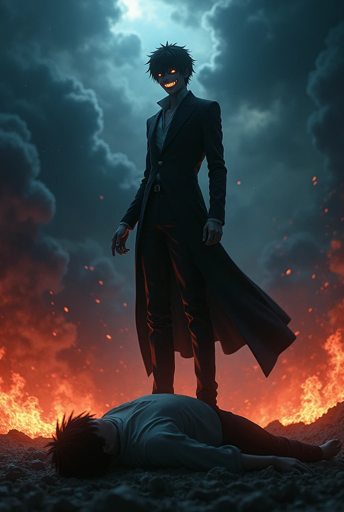 Light yagami kills ayanakoji with the death note in the final wars and earth is buring with dark blue and red flames with a dark clouds and now light is a justice god