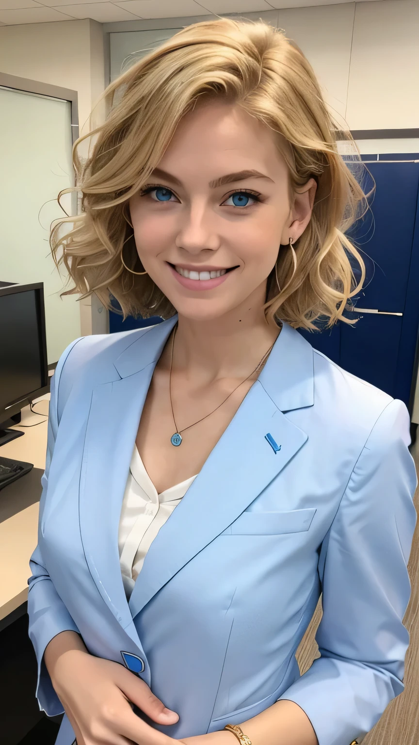 Blonde Caucasian Woman、, Wavy Hair、Short Haircut、, Blue eyes,、smile、Emphasis on teeth、Office ladies' suit、Ear piercing、necklace、The background is the office
