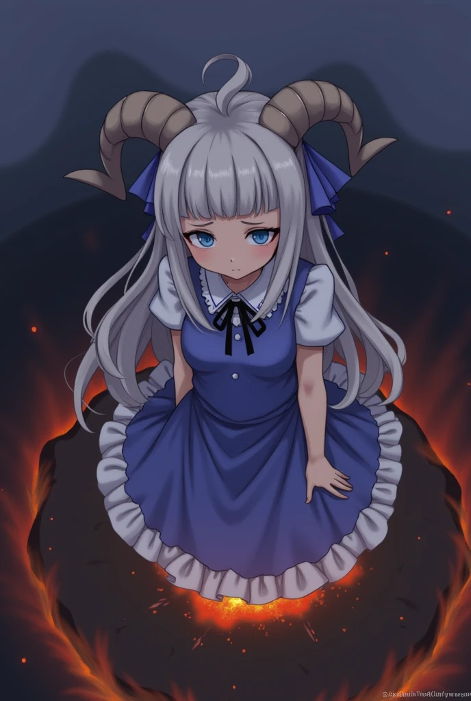 solo,outdoors,vulcano,fire,dark sky,sheep girl,neck tuft,white hair,sheep horns,blue eyes,blue dress,frills,puffy sleeves,ribbons,bowtie,long hair,lens flare,from above,sad,fogs,mature female,milf