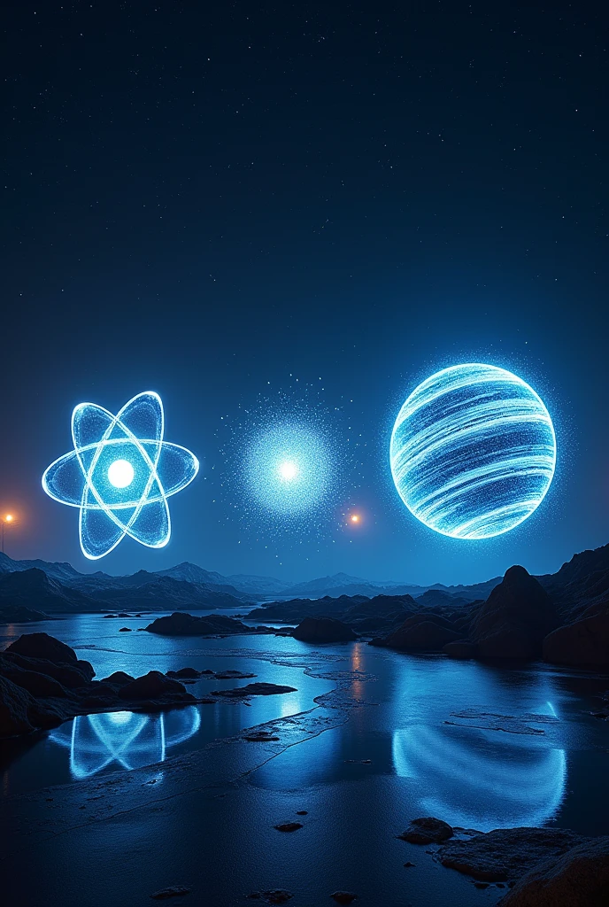 Three holograms seen in the night sky, A hologram is shaped like an atom with its circular orbits, the other of a nucleus that shoots out and the third of a planet with several areolas