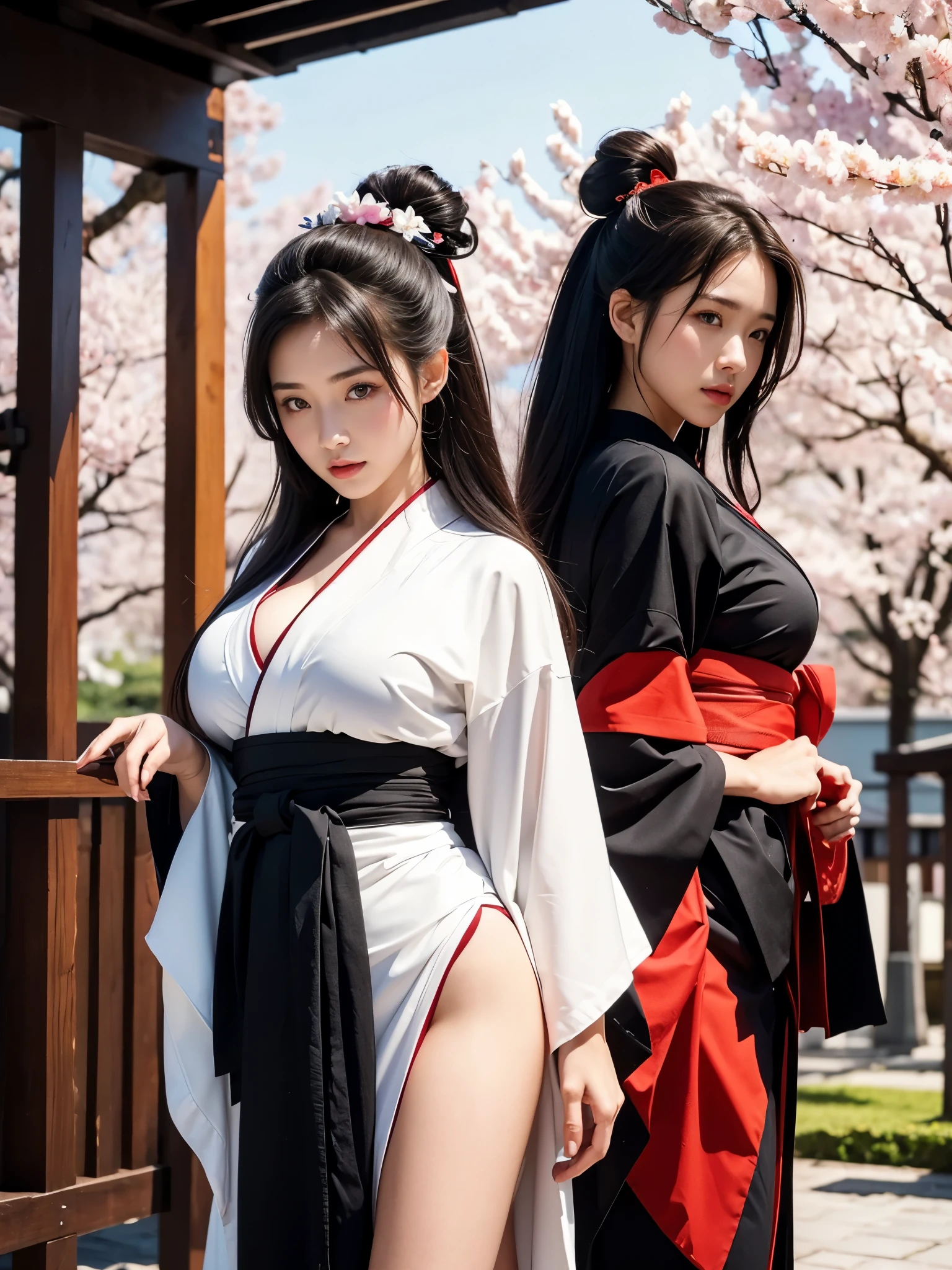 ((masterpiece,Highest quality)),Two Women, Large Breasts,Moist eyes, black kimono, Black legwear, black ribbon, Black Hair, cherry blossoms, Day, flower, Hair Bun, hair ribbon, kimono, kimono, Long Hair, View your viewers, Recall , Multiple Girls, belt, Outdoor, Red eyes, Redhead, ribbon, Sandals, Single Pan, stage, Are standing, picture, torii, wood, white kimono, Yellow Eyes, Large Breasts,Moist eyes, Red eyes,Sexy Body