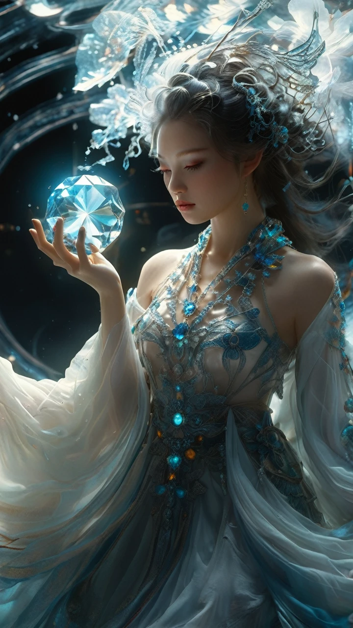 Chinese fantasy,Eastern mythology,((full body:1.3)),((floating)),((in air)),shrouded in a lattice like cloud layer above the screen,(these thick dark clouds condense into crystals),(there is a gap in the center of the cloud layer, from which many black smoke flows out),a dazzling sky,(a 20-year-old woman wearing a white long sleeved ancient costume suspended in the air:1.2),((she holds a crystal stone emitting colorful light with both hands:1.5)),the Tindar effect,chaos,sacred light,
ray tracing,shadows,ultra sharp,metal,((cold colors)),Epic CG masterpiece,(3D rendering),facing camera,ultra high resolution,(masterpiece),(best quality),(super detailed),(extremely delicate and beautiful),cinematic light,detailed environment,(real),(ultra realistic details:1.5),glass-like sparkling eyes are blurry and dreamy,(muscle tone and definition),(finely detailed features),stunning colors,cinematic lighting effects,super wide Angle,light particles,light particle art,glowing,dynamic poses,surreal,futurism,concept art,exquisite facial features,super delicate face,designed by greg manchess,smoke,a model woman,bright eyes,glossy lips,trending on art station,photoreal,8 k,octane render by greg rutkowski,art by Carne Griffiths and Wadim Kashin,in the style of Dau-al-Set,Pollock,and inspired by MAPPA and Zdzislaw Beksinski,xianxia