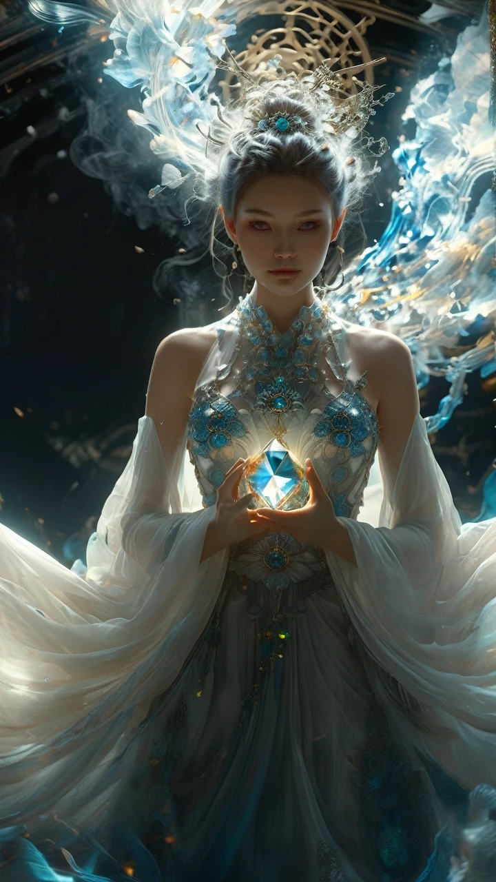 Chinese fantasy,Eastern mythology,((full body:1.3)),((floating)),((in air)),shrouded in a lattice like cloud layer above the screen,(these thick dark clouds condense into crystals),(there is a gap in the center of the cloud layer, from which many black smoke flows out),a dazzling sky,(a 20-year-old woman wearing a white long sleeved ancient costume suspended in the air:1.2),((she holds a crystal stone emitting colorful light with both hands:1.5)),the Tindar effect,chaos,sacred light,
ray tracing,shadows,ultra sharp,metal,((cold colors)),Epic CG masterpiece,(3D rendering),facing camera,ultra high resolution,(masterpiece),(best quality),(super detailed),(extremely delicate and beautiful),cinematic light,detailed environment,(real),(ultra realistic details:1.5),glass-like sparkling eyes are blurry and dreamy,(muscle tone and definition),(finely detailed features),stunning colors,cinematic lighting effects,super wide Angle,light particles,light particle art,glowing,dynamic poses,surreal,futurism,concept art,exquisite facial features,super delicate face,designed by greg manchess,smoke,a model woman,bright eyes,glossy lips,trending on art station,photoreal,8 k,octane render by greg rutkowski,art by Carne Griffiths and Wadim Kashin,in the style of Dau-al-Set,Pollock,and inspired by MAPPA and Zdzislaw Beksinski,xianxia