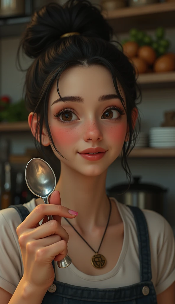 A woman holding a spoon circle face,cute face and black messy bun hair in the food truck very realistic 8k