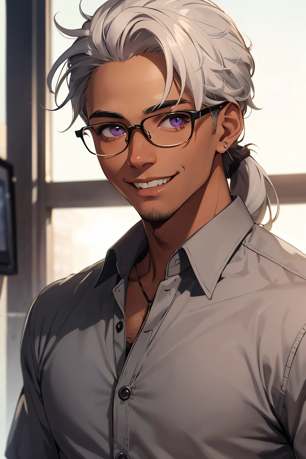 ((Highest quality)), ((masterpiece)), (detailed), ((male)), shirt,((Gray Hair)),((Brown skin)),Glasses,Purple Eyes,Forehead,ponytail,smile
